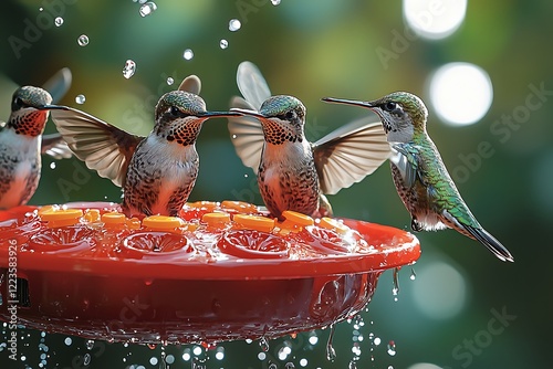 Artistic rendering a group hummingbirds hovering around a bright red feeder, wings a blur