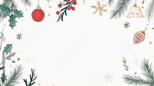 Festive christmas border with holly, baubles, snowflakes, and pine branches on white background