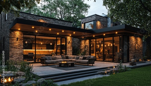 A cozy patio seating area lit with warm recessed lights for an inviting nighttime ambiance photo