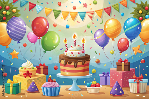 Festive birthday scene with cake, balloons, gifts, and confetti. photo