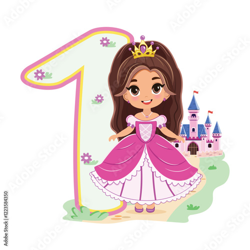 Cute princess with beautiful eyes in a pink dress and number 1 on white background. Happy Birthday concept. For Greeting Card or Invitation. Vector illustration in flat cartoon style