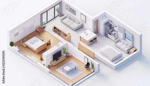 A detailed 3D plan and three isometric views of a furnished house, showing its layout from various angles.