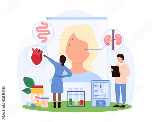 Tiny people examining skin health, discussing dermatology and treatments, highlighting medical research and skincare routines vector illustration.