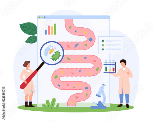 Tiny people examining beneficial gut flora, focusing on digestive health and microbiome balance, exploring bacteria positive impacts vector illustration.