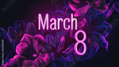 Bright flowers glow in neon colors, highlighting the date March 8. This visual celebrates International Women's Day, emphasizing beauty and joy in a lively ambiance photo