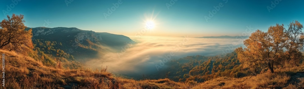 Misty Mountain Sunrise: Serene Autumn Panorama Misty Mountain Sunrise: Serene Autumn Panorama