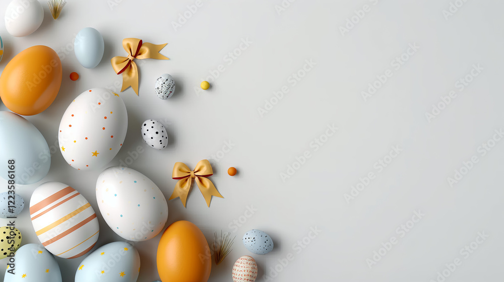 Pastel Easter Eggs with Gold Bows on Light Gray Background Pastel Easter Eggs with Gold Bows on Light Gray Background