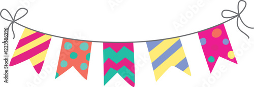 Festive colored flags on a string. Decoration for a holiday party