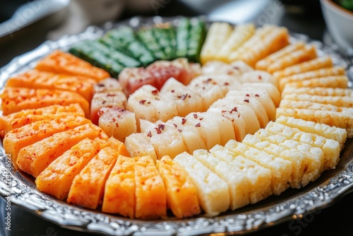 Two varieties of nutritious Korean Sweet Rice Cakes Bapsang cut and displayed on a serving tray A catering idea photo