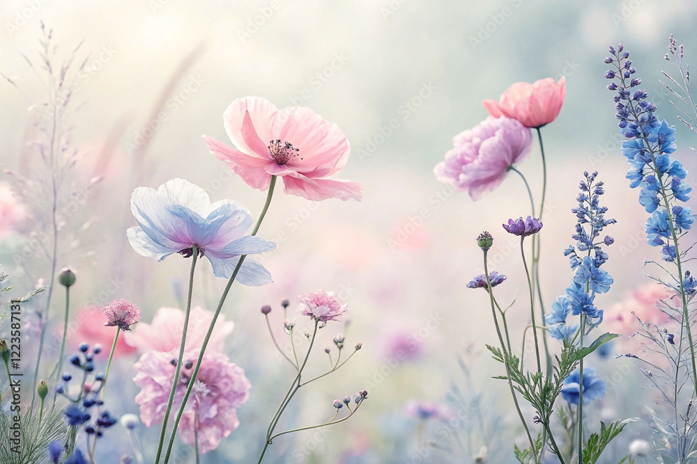 Obraz premium Soft pastel wildflowers in a dreamy meadow.