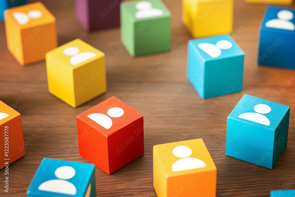 Vibrant blocks with people icons on wooden table human resources management concept Vibrant blocks with people icons on wooden table human resources management concept