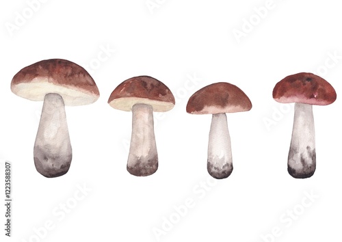 A set of porcini mushrooms in watercolor on a white background.