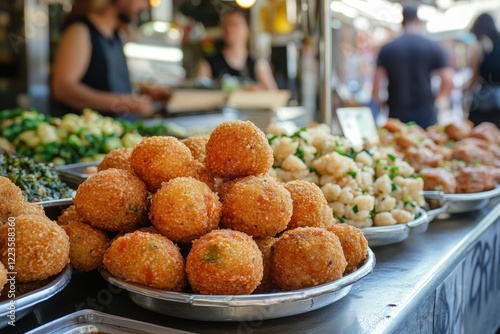 Various fried rice balls known as arancini or arancine in Italian filled with vegetables meat or cheese are sold at a market stall in southern Italy s Sicily