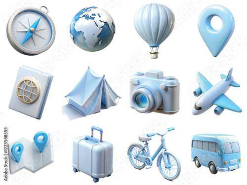 Collection of blue 3d icons for travel design app including camera airplane suitcase passport bus passport compass