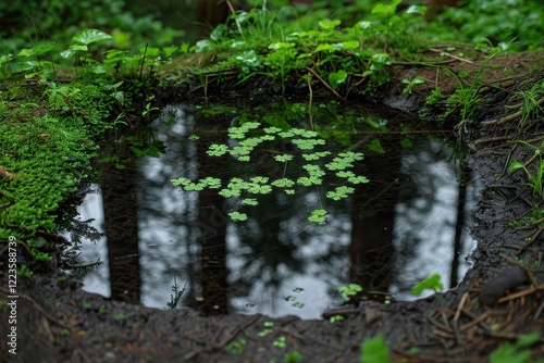 A forest pond with green watercress and tree reflections