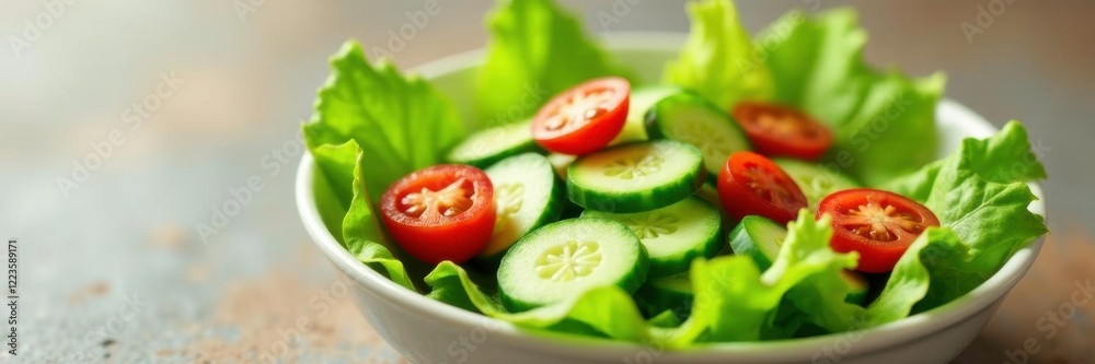 Shallow dish filled with crunchy lettuce leaves topped with sliced cucumbers and cherry tomatoes, salad, healthy, lunch
