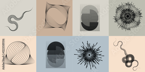 Art composition with lines in circle and semi circle shapes .Modern art design .Neutral color stripes .Transition speed lines. Geometric shape. Wall art
