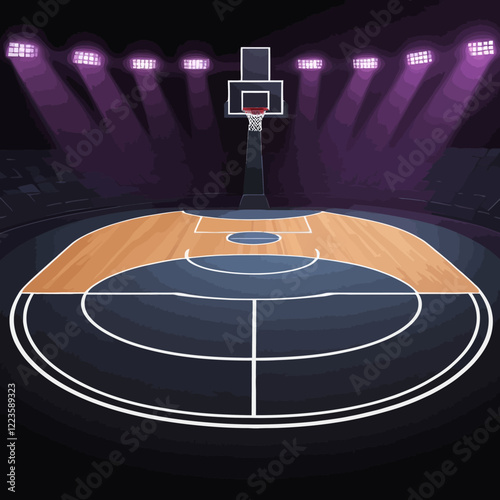 vector empty illuminated basketball court. Sports arena. 3D basketball ball. Sports game, competition, advertising concept. Design for poster advertising sports event, basketball match.