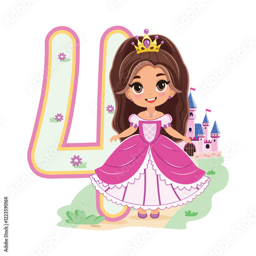 Cute princess with beautiful eyes in a pink dress and number 4 on white background. Happy Birthday concept. For Greeting Card or Invitation. Vector illustration in flat cartoon style