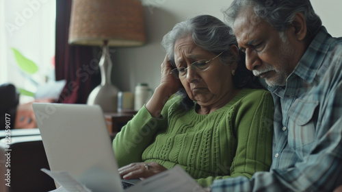 Stressed elderly couple looking at their energy bills. Inflation stagflation and cost of living impact on spending habits. Economic crisis concept