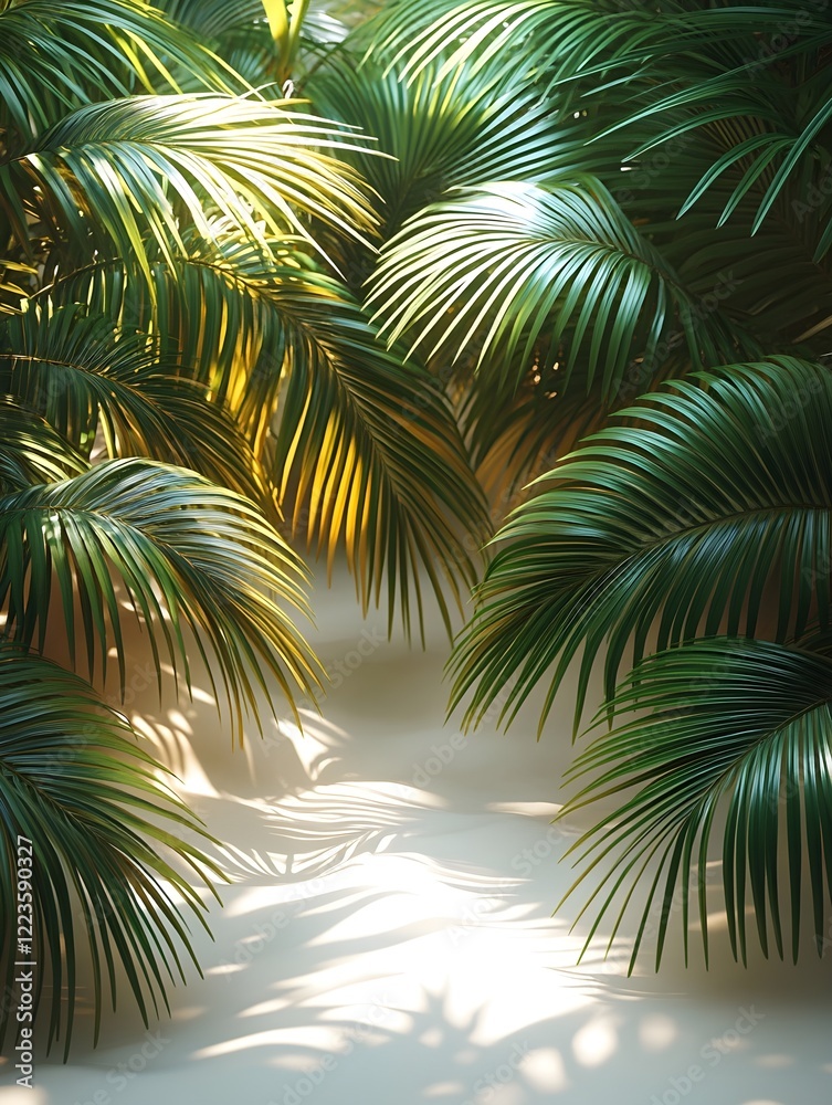 Fototapeta premium A background of sunny tropical palm leaves casting shadows on white sand.
