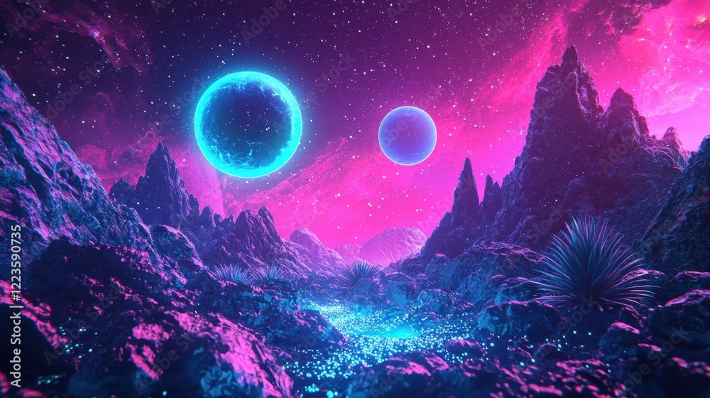 Fototapeta premium A vibrant alien landscape features glowing blue planets surrounded by pink and purple mountains