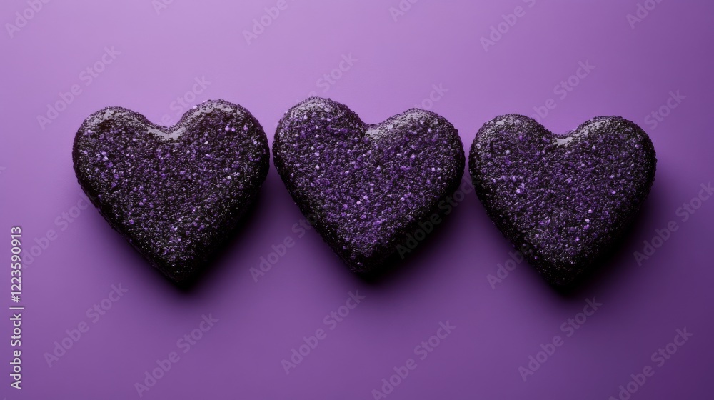 Fototapeta premium Three Sparkling Purple Hearts: A Sweet and Romantic Dessert Design