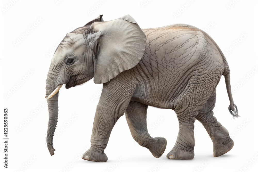 Fototapeta premium Baby elephant without tusks isolated on white background with path