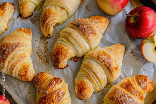 Baked apple filled crescent rolls on parchment lined sheet from above