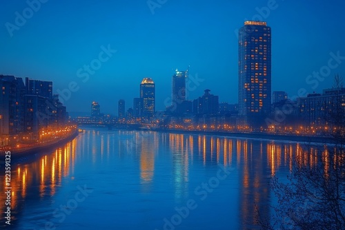 Gleaming City: Captivating Skyline Reflecting in Dusk Water