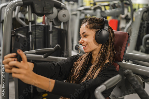woman with headphones take a self portrait on mobile phone at gym