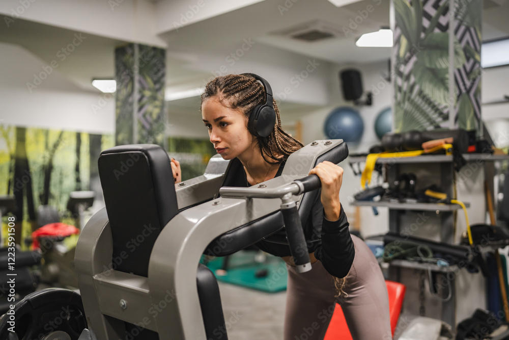 Focused woman use gym machine for strength training workout at gym Focused woman use gym machine for strength training workout at gym
