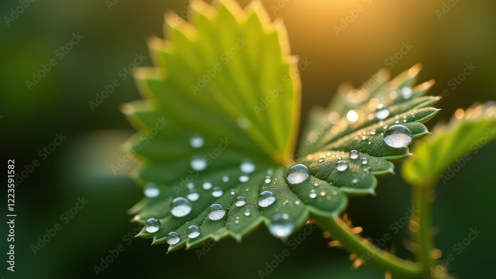 Macro photography of dew drops on a green leaf at sunrise Macro photography of dew drops on a green leaf at sunrise