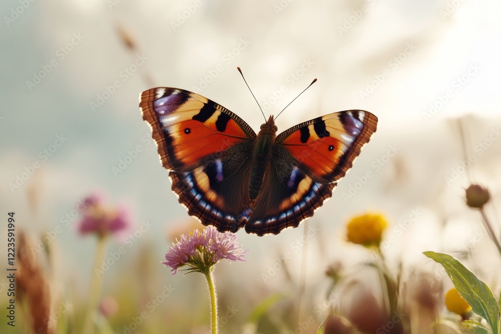 Obraz premium A vibrant butterfly with striking colors gently settles on a blooming flower in a lively spring meadow. The scene captures the essence of nature’s beauty during the season of renewal