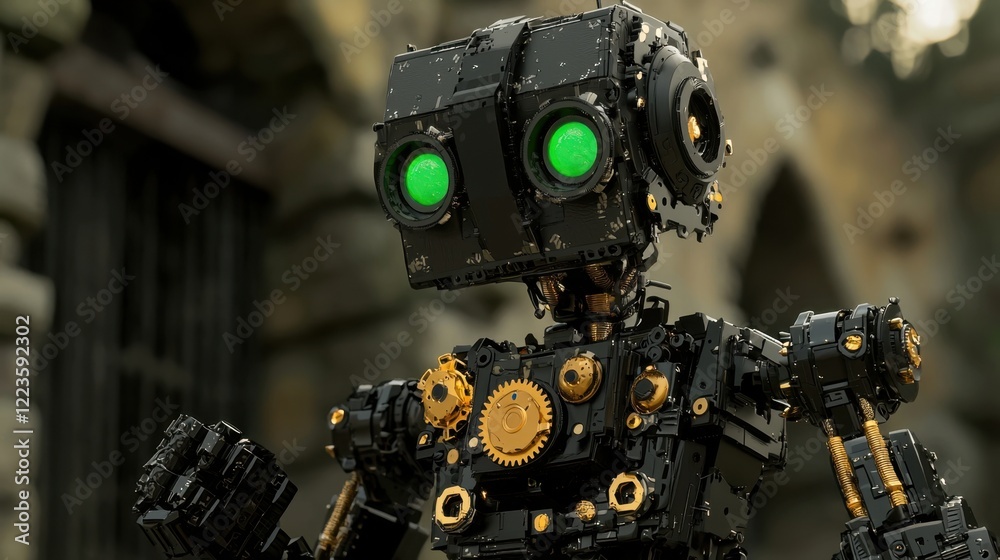 Fototapeta premium A detailed robot, featuring green eyes and intricate gears, poses in front of an ancient stone building as dusk settles. The scene showcases a blend of technology and history