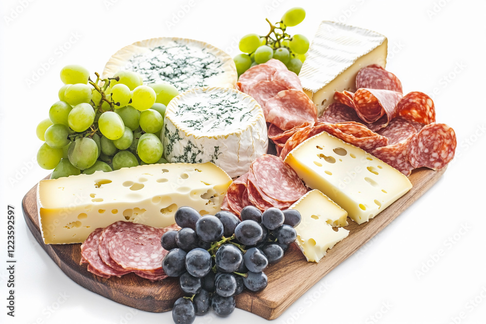 Assorted cheese and charcuterie board with fruits displayed Assorted cheese and charcuterie board with fruits displayed