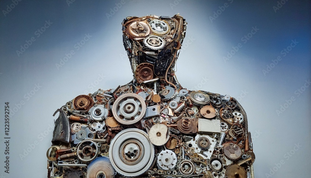 Obraz premium 폐기된 기계 부품들이 쌓여 만들어진 인간 모형의 조각. 이는 산업화된 사회에서 발생하는 사회적, 환경적 문제를 상징