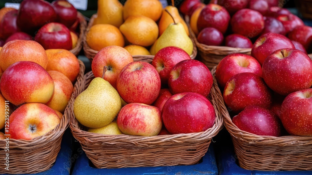 Fresh apples and pears in baskets at market stall. Food photography for website or cookbook Fresh apples and pears in baskets at market stall. Food photography for website or cookbook
