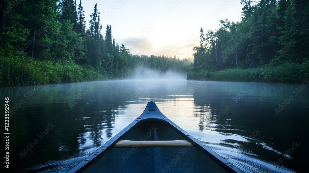 Canoe glides peacefully across calm river surrounded by lush greenery and soft mist