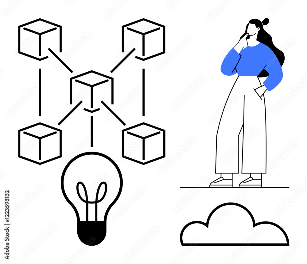 Woman thinking, networked cubes symbolizing blockchain, lightbulb for ideas, cloud. Ideal for tech innovation, blockchain, brainstorming, cloud computing, digital transformation data storage future Woman thinking, networked cubes symbolizing blockchain, lightbulb for ideas, cloud. Ideal for tech innovation, blockchain, brainstorming, cloud computing, digital transformation data storage future