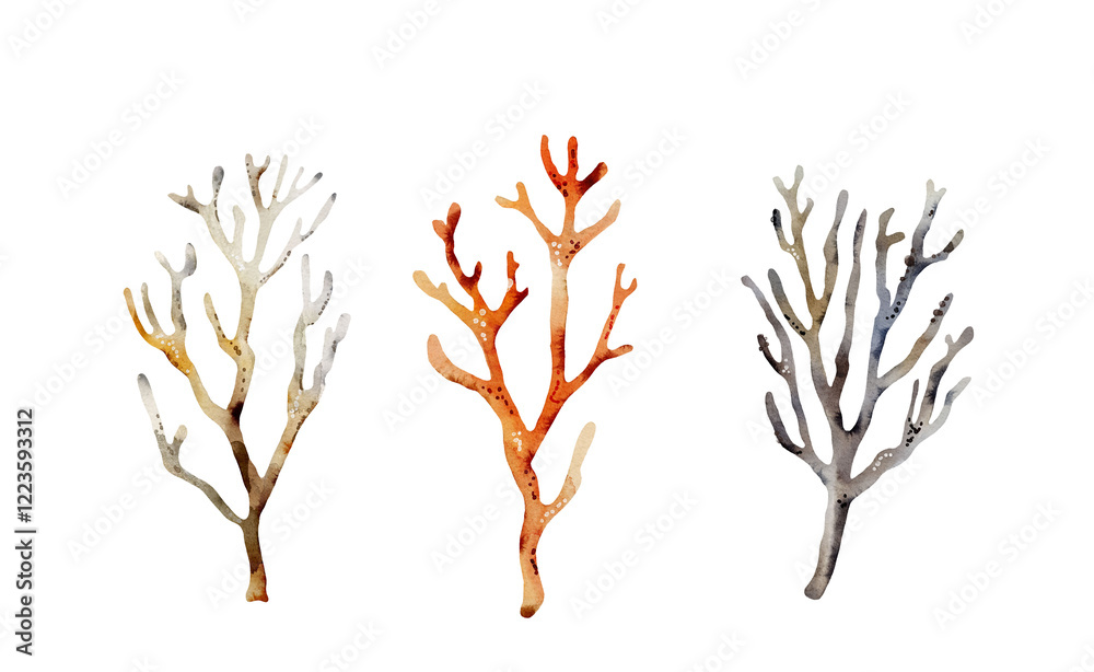 Fototapeta premium Set of multicolored corals on a white background, watercolor illustration.