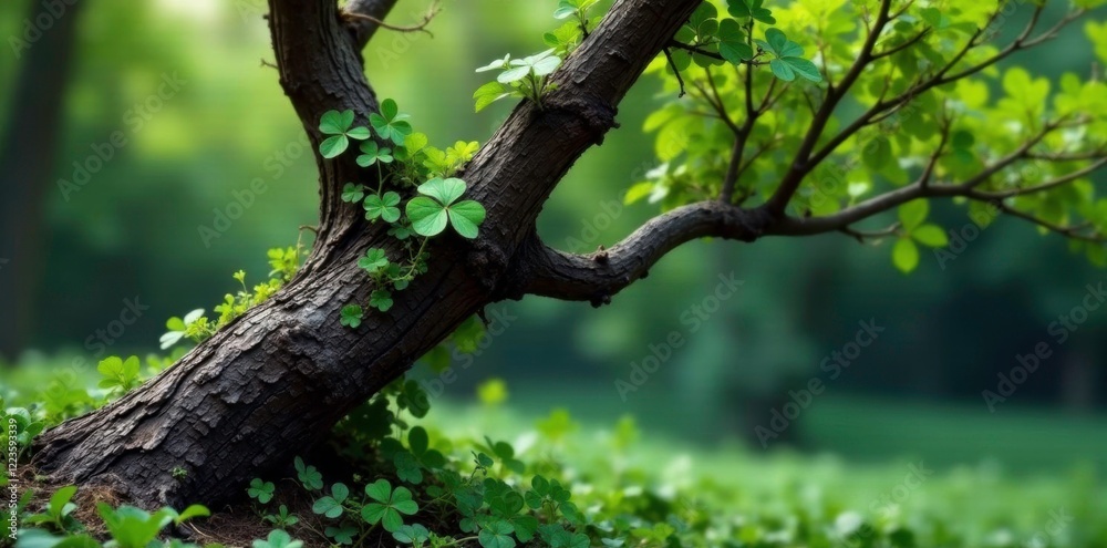 Shamrock shrub with gnarled branches and twisted trunk, branch, tree details, foliage Shamrock shrub with gnarled branches and twisted trunk, branch, tree details, foliage