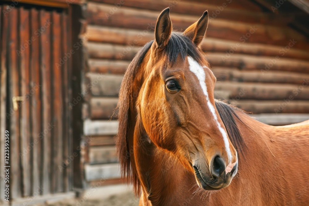 Fototapeta premium Beautiful horse outside barn Friendly animal