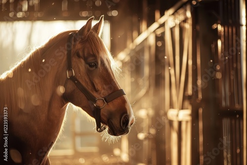 Beautiful brown horse in barn equestrian photo