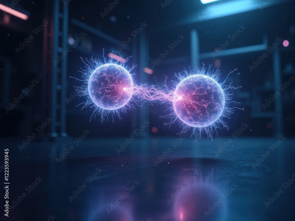 Fototapeta premium Visualization of quantum entanglement showing two particles linked by energy connections in a futuristic lab setting