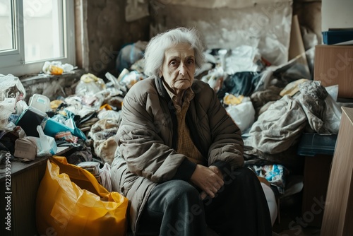 An elderly woman sits in a cluttered room filled with excessive items, illustrating compulsive hoarding and emotional isolation.. photo