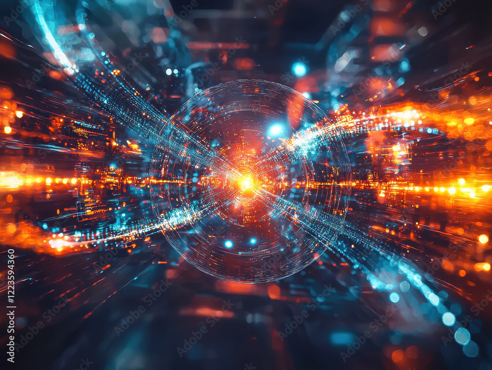 Obraz premium Visualization of quantum entanglement showcasing radiant particles linked by dynamic energy streams in a futuristic setting