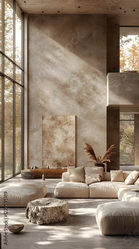 Contemporary Beige Living Room Design: A High-Quality 3D Rendering of Sunlit Comfort and Style