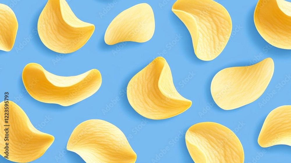 Crispy Potato Chips Pattern on a Light Blue Background Crispy Potato Chips Pattern on a Light Blue Background