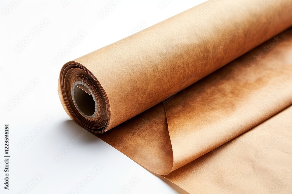Brown parchment paper roll for baking on white background Brown parchment paper roll for baking on white background